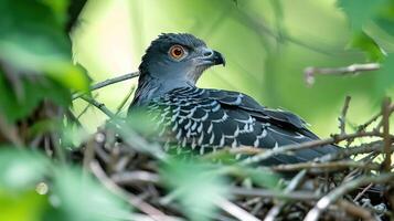 Bird resting in a nest surrounded by greenery, showcasing its vibrant plumage and keen gaze photo