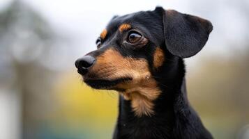 Close-up portrait of a small black and tan dog with a curious expression against a blurred background photo