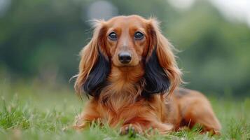 A close-up of a long-haired dachshund resting on green grass in a serene outdoor setting photo
