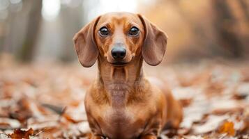 A playful dachshund resting on autumn leaves in a serene forest setting with soft sunlight photo