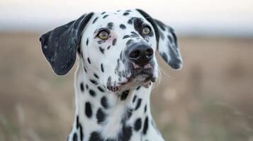 A close-up portrait of a Dalmatian dog gazing thoughtfully in a serene outdoor setting photo