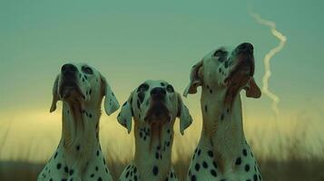 Three Dalmatians gazing at a stormy sky with lightning in the background during twilight photo