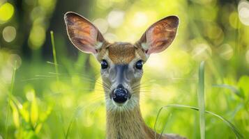 Close-up of a curious deer standing in a lush green field with soft sunlight filtering through trees photo