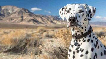 A Dalmatian dog poses majestically in a desert landscape with mountains in the background photo