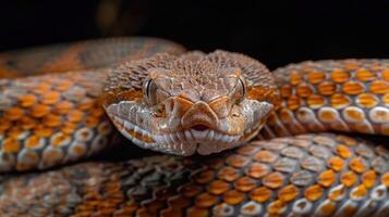 Close-up of a vividly colored snake resting on a dark surface, showcasing its intricate patterns photo