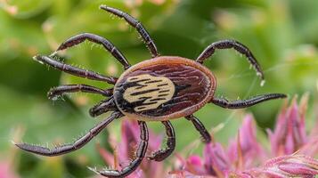 Close-up of a tick perched on vibrant green foliage, showcasing its intricate patterns and textures photo