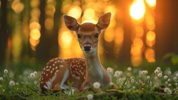 A serene fawn resting among dandelions in a sunlit forest, with soft bokeh in the background photo