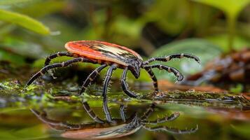 Close-up of a vibrant tick crawling on wet foliage, reflecting in water, lush background photo