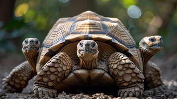 Three-headed tortoise in a lush green environment with blurred foliage in the background photo