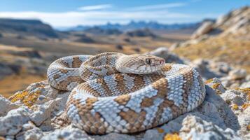 A close-up of a coiled snake resting on rocky terrain with a mountainous landscape in the background photo