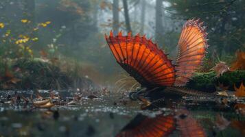 A vibrant, mythical creature with fiery wings resting by a serene forest pond surrounded by autumn foliage photo