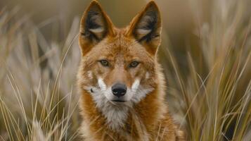 Majestic fox standing alert in a grassy field, showcasing its striking features and vibrant fur photo