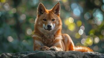 A serene dingo resting on a rock, surrounded by vibrant greenery and soft bokeh lights photo