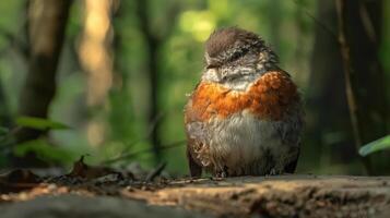 A vibrant bird perched on a log in a lush forest, surrounded by green foliage and soft sunlight photo