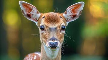 Close-up of a young deer with soft fur and bright eyes in a blurred forest background photo