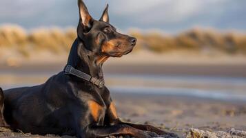 A majestic Doberman resting on a sandy beach, with gentle waves and soft clouds in the background photo