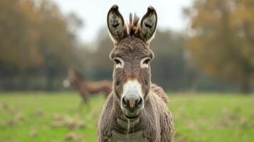Close-up of a donkey in a green pasture with another donkey grazing in the background photo