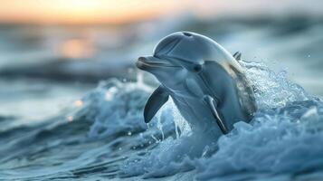 Playful dolphin leaping from ocean waves at sunset, with soft light reflecting on water photo