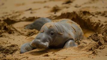 Young marine mammal resting on sandy shore, surrounded by natural landscape, with gentle waves photo