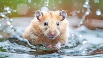A golden hamster splashes playfully in water, surrounded by droplets in a vibrant garden setting photo