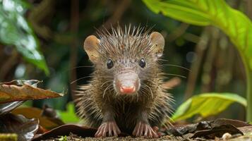 Small mammal in lush jungle setting, exploring its surroundings among vibrant foliage photo