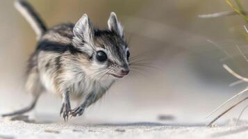 A small, agile mammal scurrying across a sandy landscape with blurred vegetation in the background photo