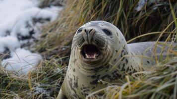 Seal basking in snowy grassland, showcasing its unique features and natural behavior photo