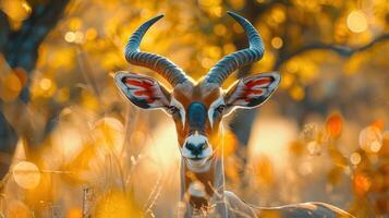 Majestic antelope gazing amidst golden foliage in a serene natural setting at sunset photo