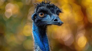 Close-up of a peacock showcasing vibrant colors against a blurred autumn background photo
