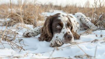 A relaxed dog with unique eyes resting in a snowy field surrounded by dry grass photo