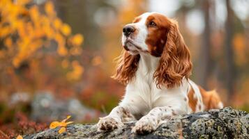 A serene spaniel dog resting on a rock amidst vibrant autumn foliage in a tranquil forest setting photo