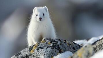 White weasel perched on a rocky surface in a snowy landscape with blurred background scenery photo