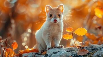 A cute animal stands on a rock surrounded by colorful autumn leaves in a serene forest setting photo