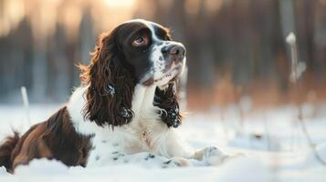 A serene springer spaniel rests in the snow, surrounded by a tranquil winter landscape photo