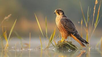Majestic falcon perched on a mossy rock in tranquil waters, surrounded by lush greenery at dawn photo