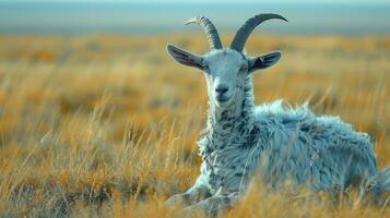 A serene mountain goat resting in a sunlit grassy field with a vast landscape in the background photo