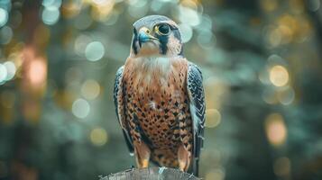 Majestic falcon perched on a log, surrounded by a blurred forest background, showcasing nature's beauty photo