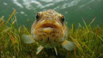 Underwater close-up of a curious fish amidst aquatic vegetation in a serene environment photo