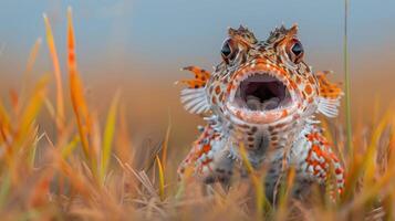 Close-up of a vibrant amphibian with an open mouth in a grassy field during twilight photo