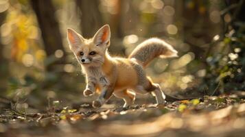 Playful fennec fox running through a sunlit forest with soft bokeh background photo