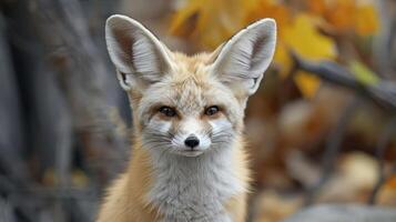 A close-up of a fennec fox with large ears, set against a backdrop of autumn foliage photo