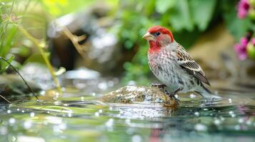 A vibrant red bird perched on a rock in a serene garden pond surrounded by lush greenery photo