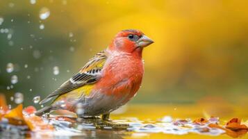 Vibrant red bird perched on a colorful leaf-covered surface with water droplets in a serene setting photo