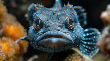 Close-up of a vibrant underwater fish surrounded by colorful coral reef in a marine habitat photo