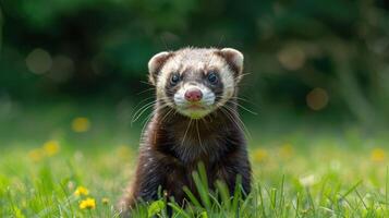 A curious ferret stands in a vibrant green field surrounded by wildflowers in sunlight photo