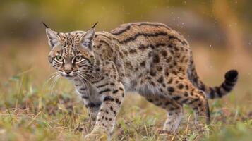 Wild lynx prowling through tall grass in a natural habitat with soft bokeh background photo
