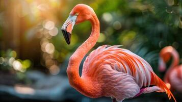 Vibrant flamingo standing gracefully amidst lush greenery in a serene natural setting photo