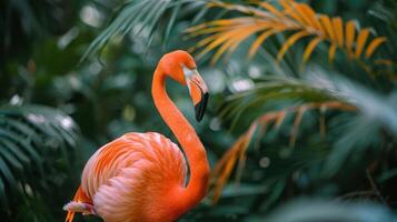 Vibrant flamingo perched among lush tropical foliage, showcasing vivid colors and serene atmosphere photo