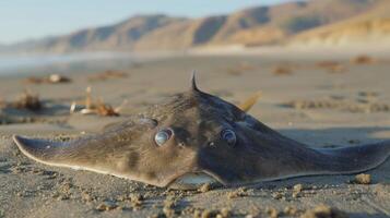 A close-up of a unique stingray resting on a sandy beach with waves in the background photo