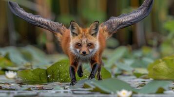 A red fox with large wings gracefully glides over a serene lily pad-covered pond, surrounded by lush greenery photo